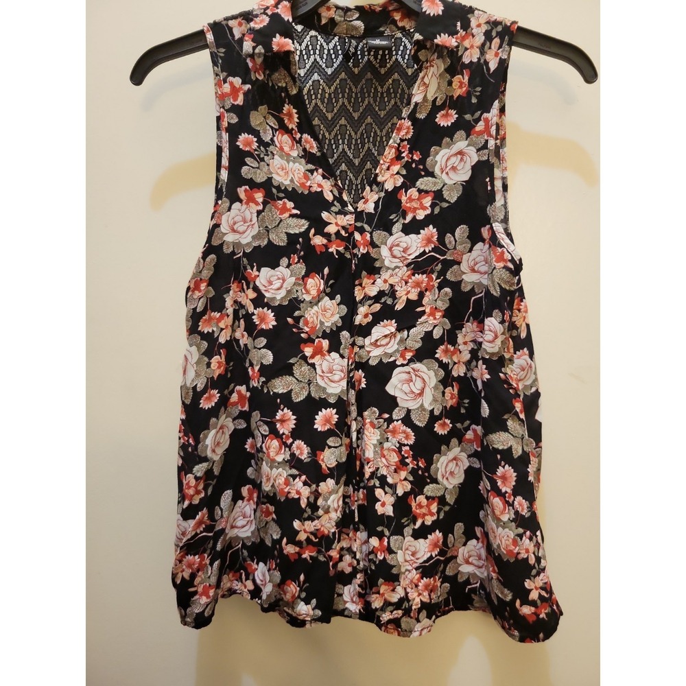 UltraFlirt Women's Retro Sleeveless Top, Black Pink Roses Sz Med Bin 321